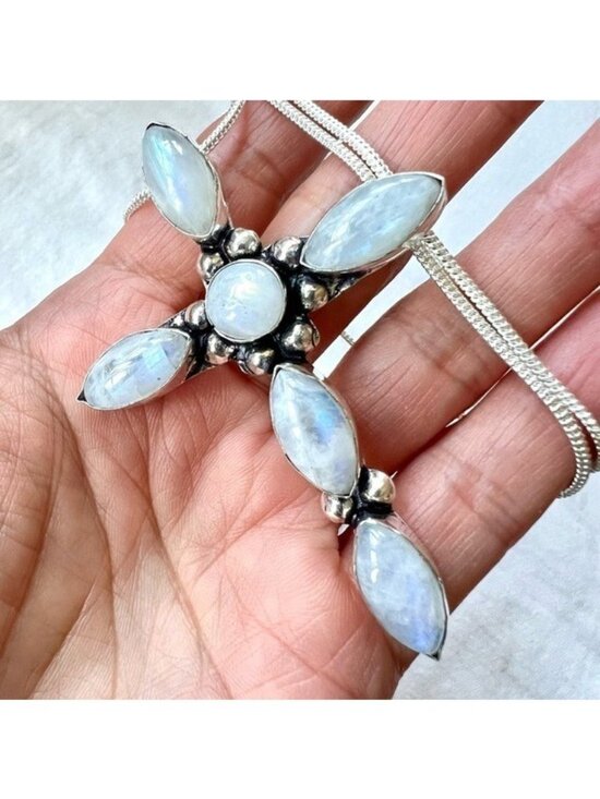 Handmade Jewelry - 925 Majestic! Rainbow Flash Moonstone Cross Pendant Necklace